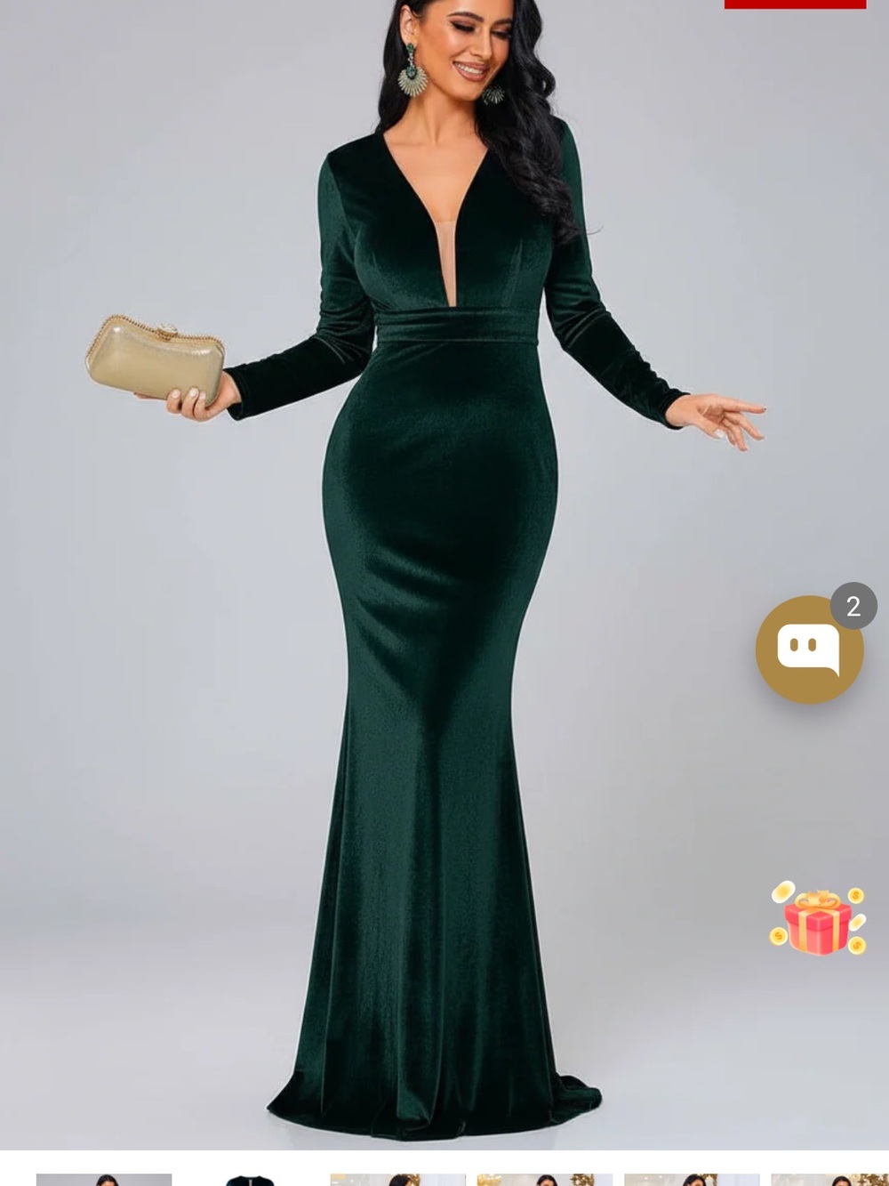 Missord Deep Green Velvet Long-Sleeve V-Neck Evening Dress
